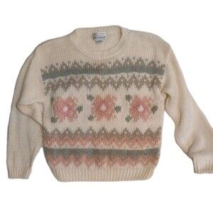 Currants Hand Loomed Ramie Acrylic Sweater M Pastel Floral Pattern Korea